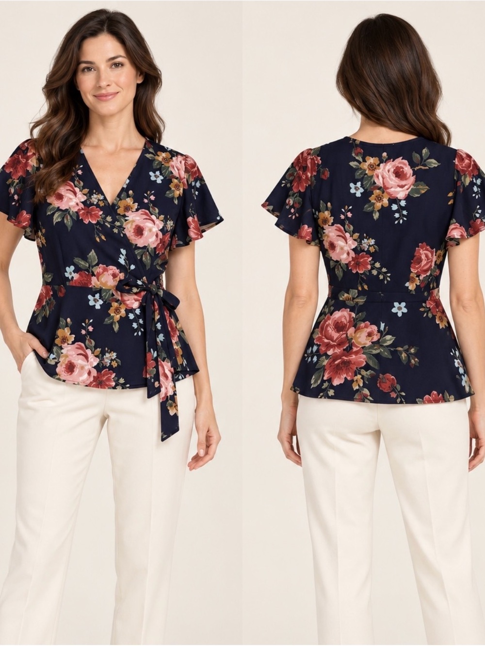Monteau Navy Floral Flutter Sleeve Wrap-Style Peplum Top – XL - Picture 2 of 6